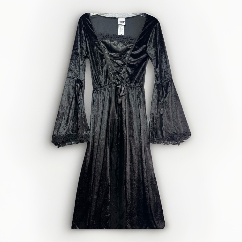 Modern Hero Sexy Witch Black Dress S/M Costume Flared Sleeve Velvet Satin Lace